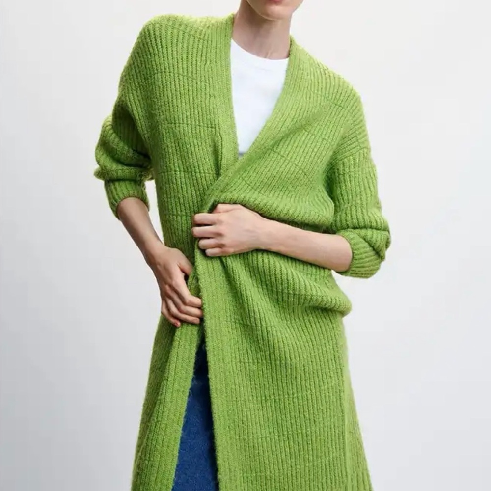 Mango Lime Green Ribbed Open-Front Long Cardigan Size EUR-USA M-L
